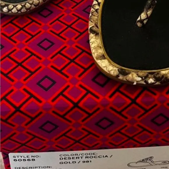 COPY - Tory Burch Metal Miller Snakeskin printed leather thong sandals w lg Met…