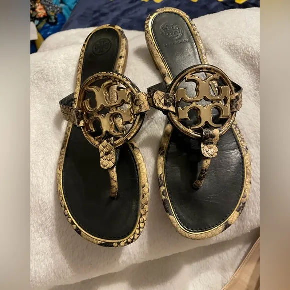 COPY - Tory Burch Metal Miller Snakeskin printed leather thong sandals w lg Met…