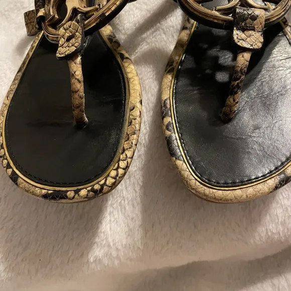 COPY - Tory Burch Metal Miller Snakeskin printed leather thong sandals w lg Met…