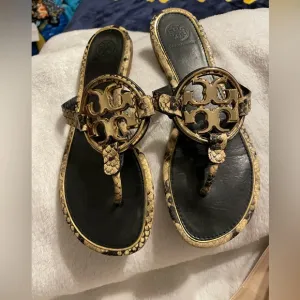 COPY - Tory Burch Metal Miller Snakeskin printed leather thong sandals w lg Met…