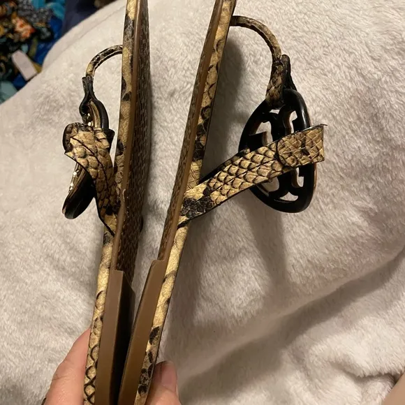 COPY - Tory Burch Metal Miller Snakeskin printed leather thong sandals w lg Met…