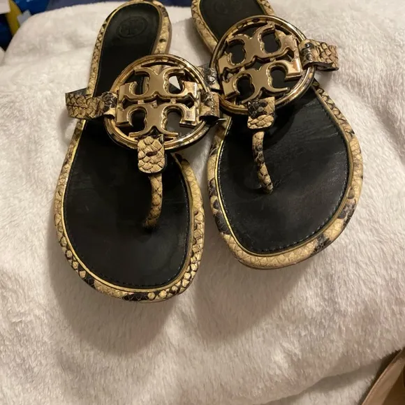 COPY - Tory Burch Metal Miller Snakeskin printed leather thong sandals w lg Met…