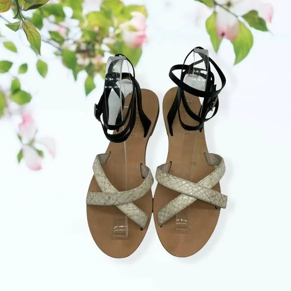 Cornetti Black and Cream Leather Sandals with Criss Cross Design - Size 37