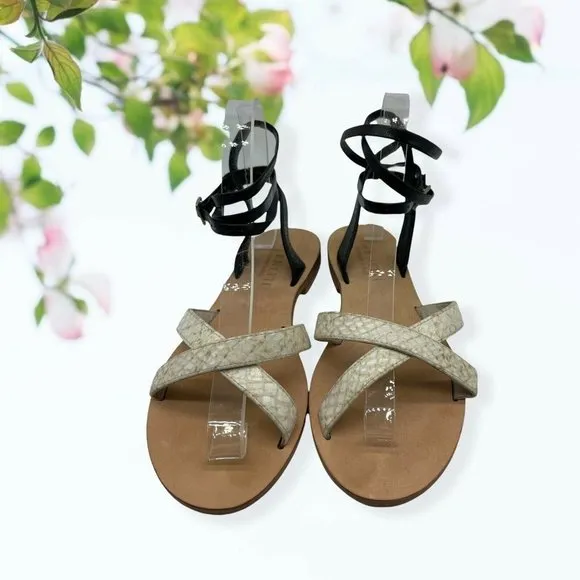 Cornetti Black and Cream Leather Sandals with Criss Cross Design - Size 37