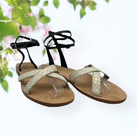 Cornetti Black and Cream Leather Sandals with Criss Cross Design - Size 37