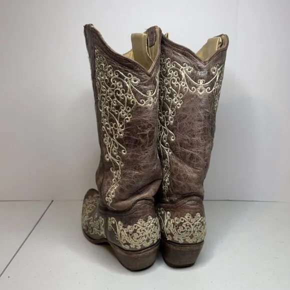 Corral Bone Brown Floral Embroidered Cowgirl Boots Western Women Slip On