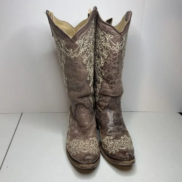 Corral Bone Brown Floral Embroidered Cowgirl Boots Western Women Slip On