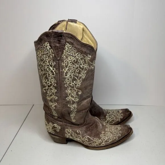 Corral Bone Brown Floral Embroidered Cowgirl Boots Western Women Slip On
