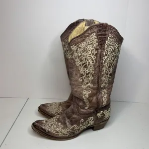 Corral Bone Brown Floral Embroidered Cowgirl Boots Western Women Slip On