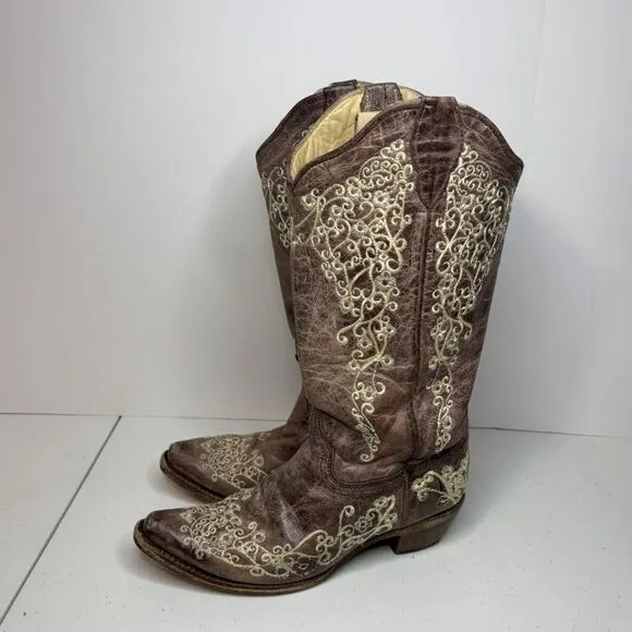Corral Bone Brown Floral Embroidered Cowgirl Boots Western Women Slip On