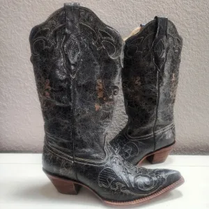 Corral Vintage Black Distressed Leather Lizard Inlay Western Boots, W Size 9 M