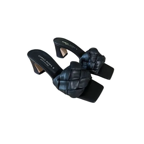 Corso Roma 9 Womens Black Braided Square Toe Block Heels Sandals Size 37