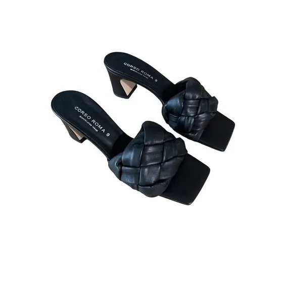Corso Roma 9 Womens Black Braided Square Toe Block Heels Sandals Size 37