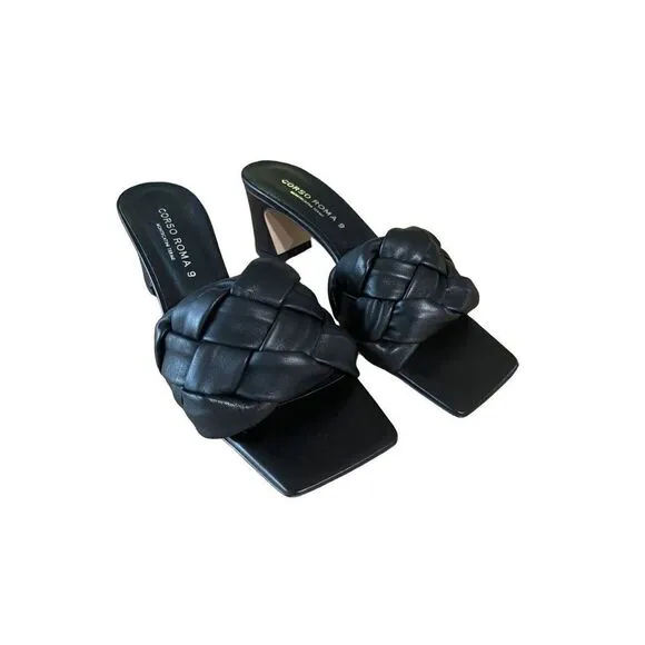 Corso Roma 9 Womens Black Braided Square Toe Block Heels Sandals Size 37