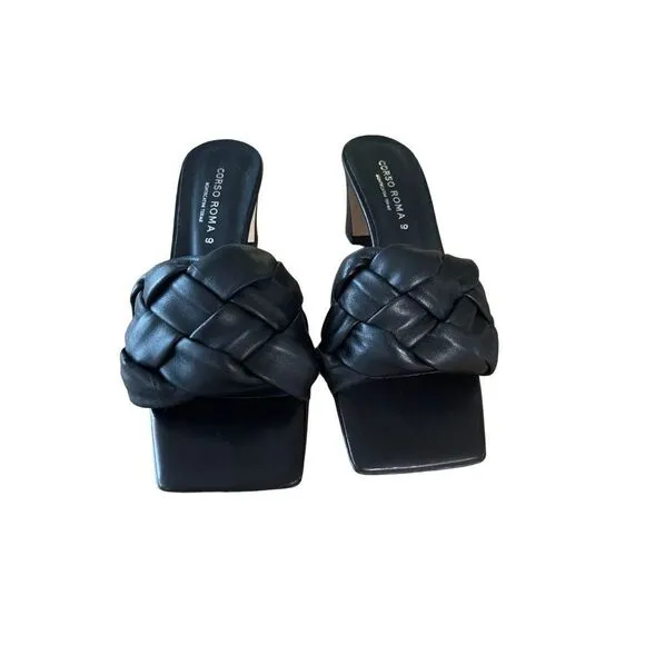 Corso Roma 9 Womens Black Braided Square Toe Block Heels Sandals Size 37