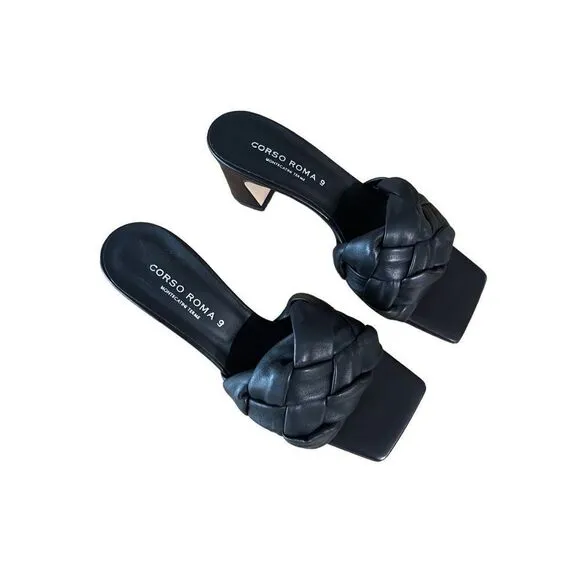 Corso Roma 9 Womens Black Braided Square Toe Block Heels Sandals Size 37