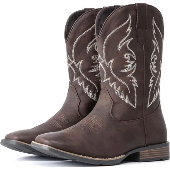 Cowboy Boots For Men Khaki | Square Toe Western Boot | Classic Embroidered