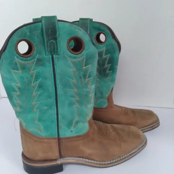 Cowboy Western Boots Square Toe Turquoise‎ Brown Leather Work Boots