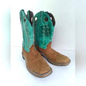 Cowboy Western Boots Square Toe Turquoise‎ Brown Leather Work Boots