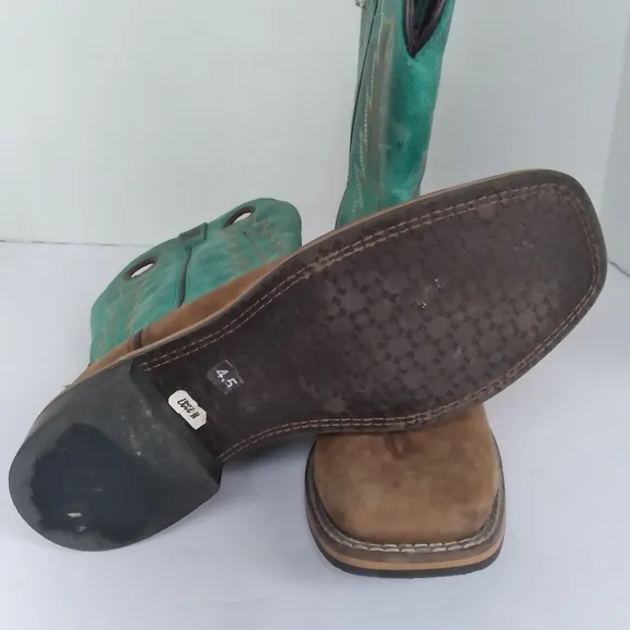 Cowboy Western Boots Square Toe Turquoise‎ Brown Leather Work Boots