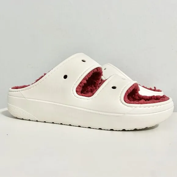 Crocs Classic Cozy Holiday Sweater Men’s Size 9-13 White Red Lined Sandals