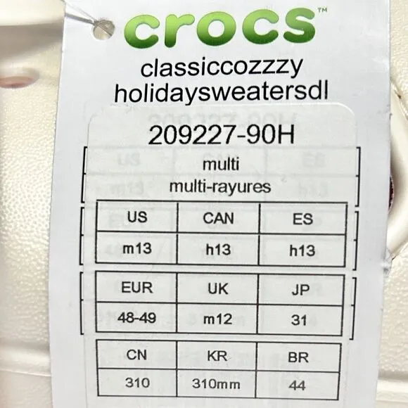 Crocs Classic Cozy Holiday Sweater Men’s Size 9-13 White Red Lined Sandals