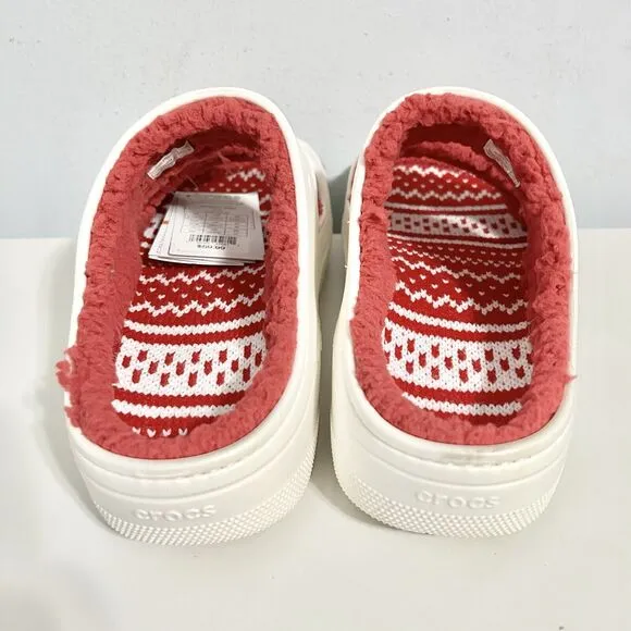Crocs Classic Cozy Holiday Sweater Men’s Size 9-13 White Red Lined Sandals