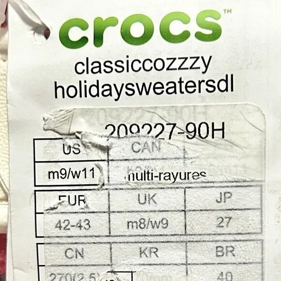 Crocs Classic Cozy Holiday Sweater Men’s Size 9-13 White Red Lined Sandals