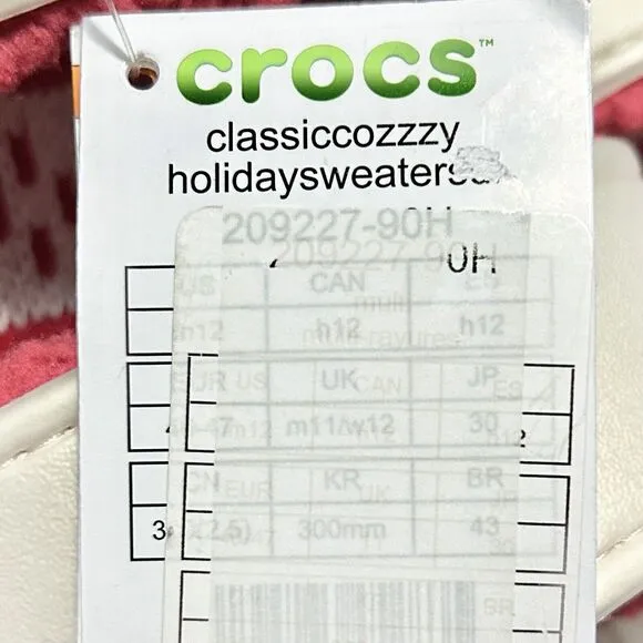 Crocs Classic Cozy Holiday Sweater Men’s Size 9-13 White Red Lined Sandals