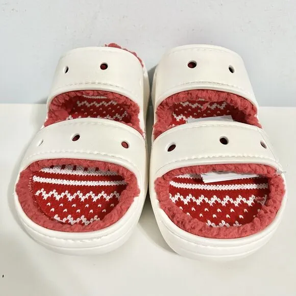 Crocs Classic Cozy Holiday Sweater Men’s Size 9-13 White Red Lined Sandals