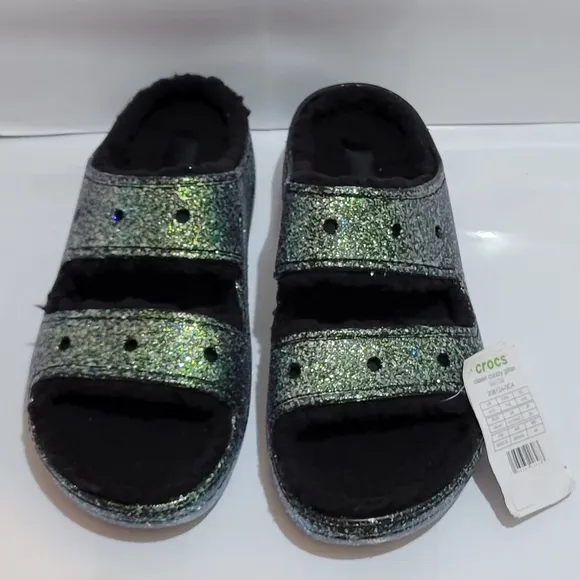 Crocs‎ Classic Cozzzy Glitter Sandals Mens Size 12 Black Lined Slides New