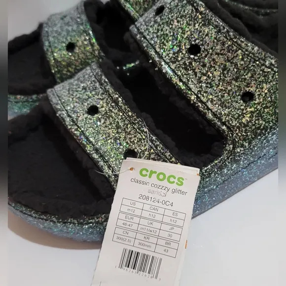 Crocs‎ Classic Cozzzy Glitter Sandals Mens Size 12 Black Lined Slides New