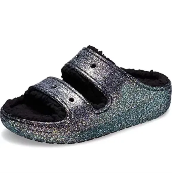 Crocs‎ Classic Cozzzy Glitter Sandals Mens Size 12 Black Lined Slides New
