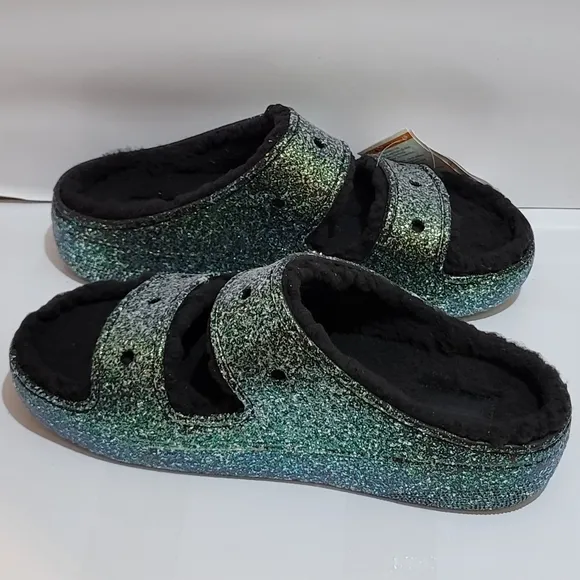 Crocs‎ Classic Cozzzy Glitter Sandals Mens Size 12 Black Lined Slides New