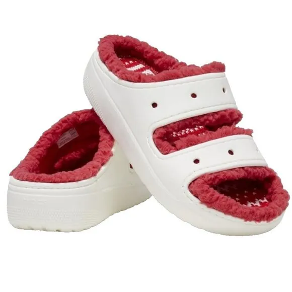 Crocs Classic Cozzzy Sandals Women 8 Men 6 Fuzzy Slippers Holiday Sweater White‎