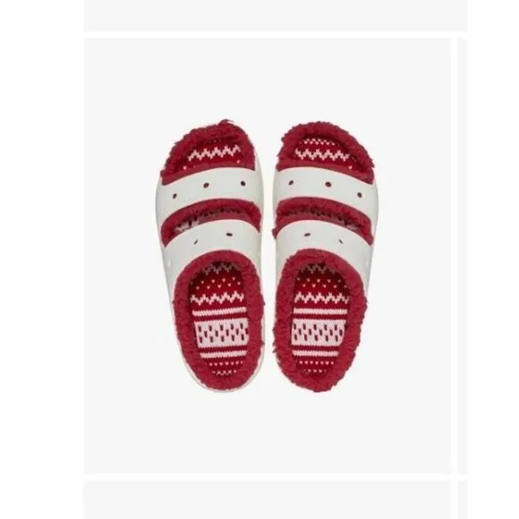Crocs Classic Cozzzy Sandals Women 8 Men 6 Fuzzy Slippers Holiday Sweater White‎
