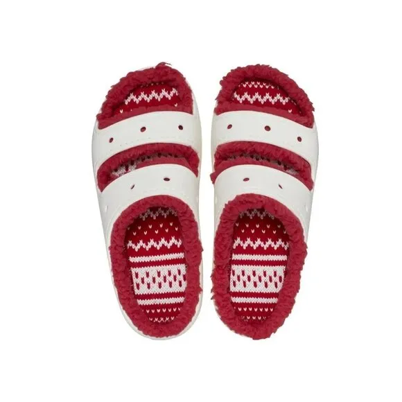 Crocs Classic Cozzzy Sandals Women 8 Men 6 Fuzzy Slippers Holiday Sweater White‎