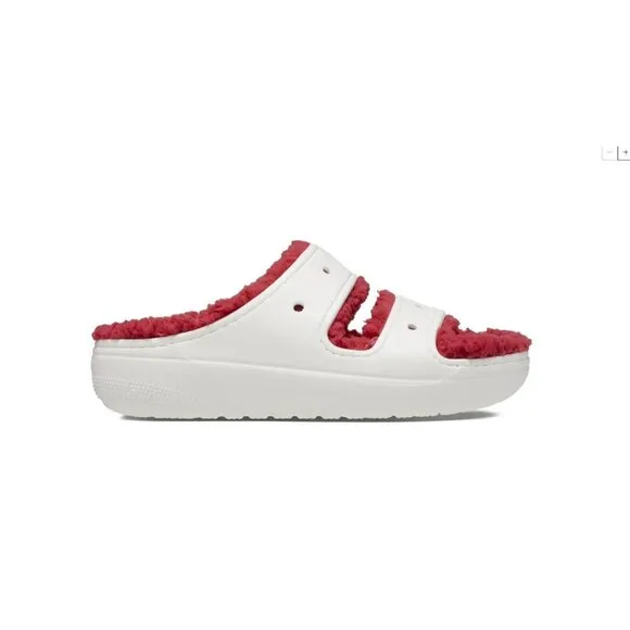 Crocs Classic Cozzzy Sandals Women 8 Men 6 Fuzzy Slippers Holiday Sweater White‎