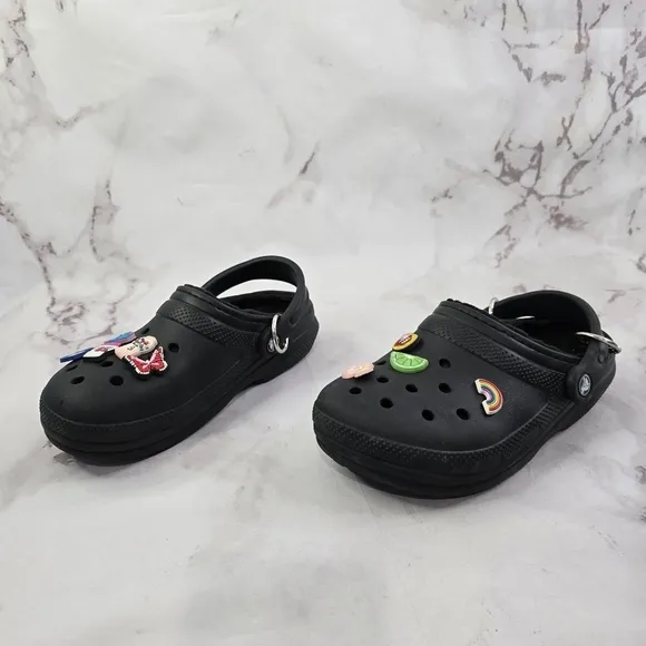 Crocs Womens 7 Mens 5 Black Fur Lined Jibbitz Clog Shoe Slip On Sandals Classic