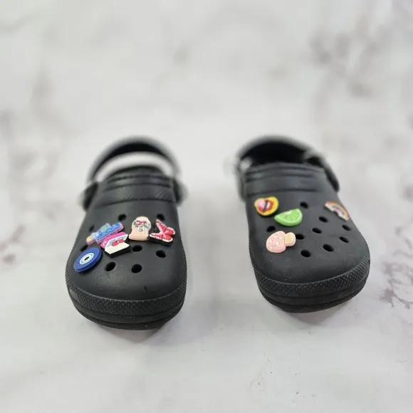 Crocs Womens 7 Mens 5 Black Fur Lined Jibbitz Clog Shoe Slip On Sandals Classic