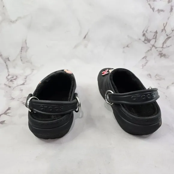 Crocs Womens 7 Mens 5 Black Fur Lined Jibbitz Clog Shoe Slip On Sandals Classic