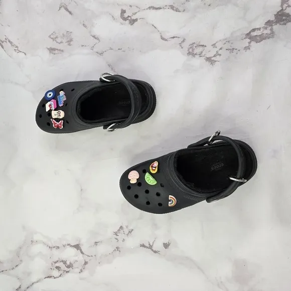 Crocs Womens 7 Mens 5 Black Fur Lined Jibbitz Clog Shoe Slip On Sandals Classic