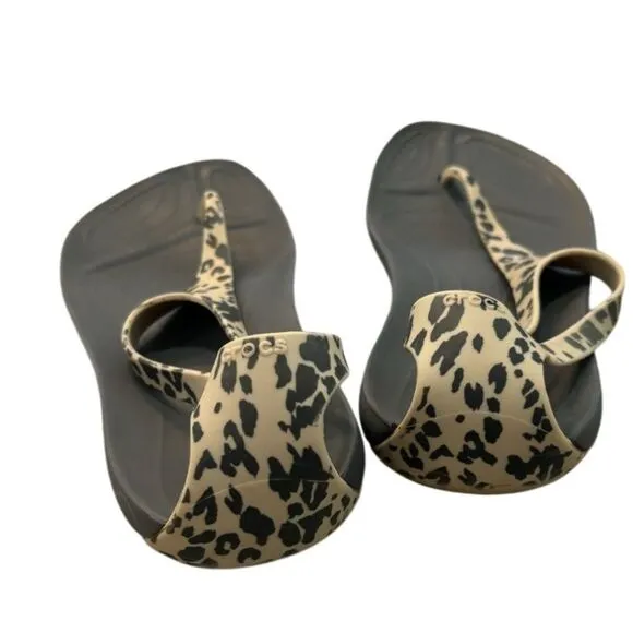 Crocs Womens 9 Sexi Serena Sandals Leopard Flip Flop Thong Slingback Flat Shoe