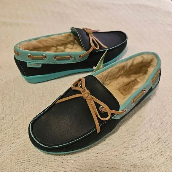 CROCS Wrap Colorlite Women's Fur Lined Moccasin Loafers Blue NEW