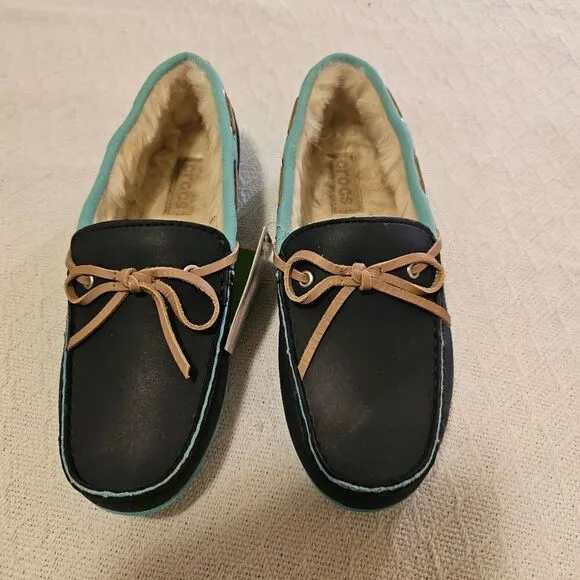 CROCS Wrap Colorlite Women's Fur Lined Moccasin Loafers Blue NEW
