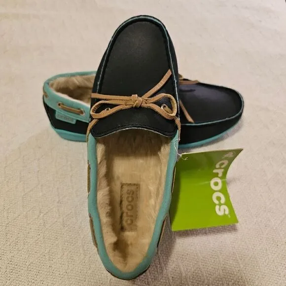 CROCS Wrap Colorlite Women's Fur Lined Moccasin Loafers Blue NEW