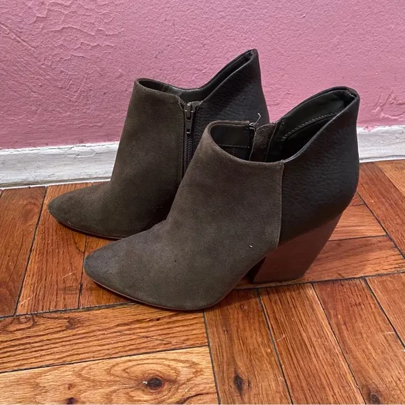 Crown Vintage Naydine Olive Green Suede and Faux Leather High Heel Ankle Boots