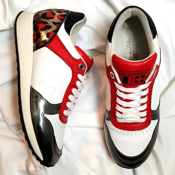 D'ACQUASPARTA Italian Leather Metallic Leopard Print sneakers (w size 38)