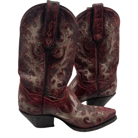 Dan Post DP3542 Leather Inlay Snip Toe Cowboy Boots Womens 6.5 M‎ Red