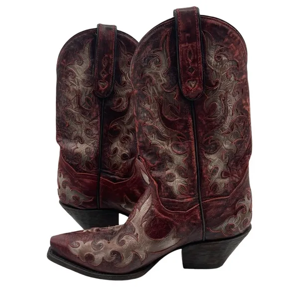 Dan Post DP3542 Leather Inlay Snip Toe Cowboy Boots Womens 6.5 M‎ Red